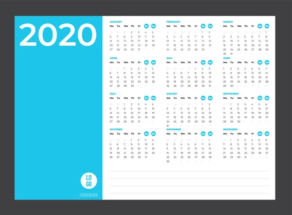 2020 Kalender - illustration. Mall. Förlöjliga — Stock vektor