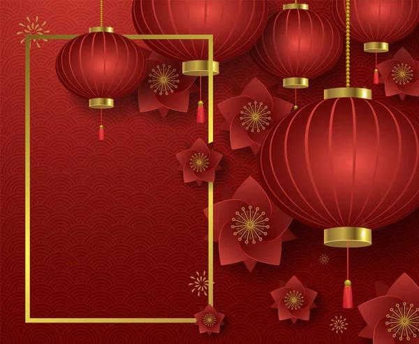 Chińskie lampiony i kwiaty na czerwonym tle — Wektor stockowy