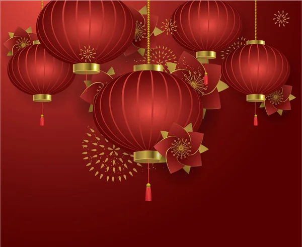 Chinesische Laternen und Blumen auf rotem Hintergrund — Stockvektor