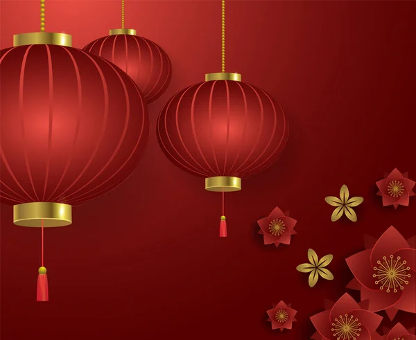 Lanternas e flores chinesas no fundo vermelho — Vetor de Stock