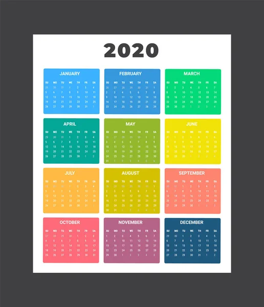 Календар 2020 - ілюстрація. Шаблон Згорнути — стоковий вектор