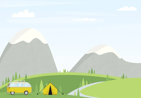 Краєвид табору з фургоном Векторні ілюстрації. Лісовий — стоковий вектор