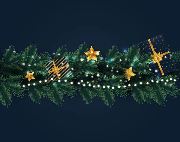 Weihnachten Hintergrund mit Weihnachtsgeschenken und Tannenzweigen. — Stockvektor
