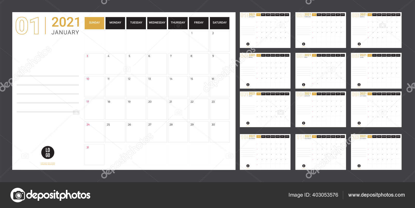 Kalender 2020 Abbildung. Vorlage. Mock up Week startet am Sonntag