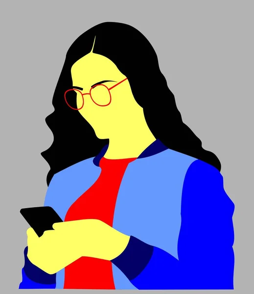 Mujer Con Cabello Negro Gafas Mirando Celular — Vector de stock