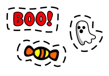 Cadılar Bayramı hayalet çizgi filmi, şeker ve onomatopoeia boo! kesikle