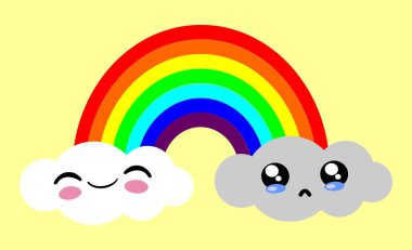 Kawaii tarzı gökkuşağı zıt duygular, mutluluk ve üzüntü.