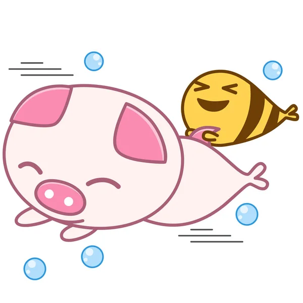 Natation Cochon Rose Poisson Rayé Jaune — Image vectorielle