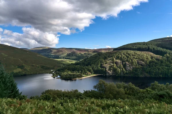 Tepelerle çevrili göl. Lough Dan Gölü, Wicklow Dağları, İrlanda çevresindeki dağların güzel manzarası