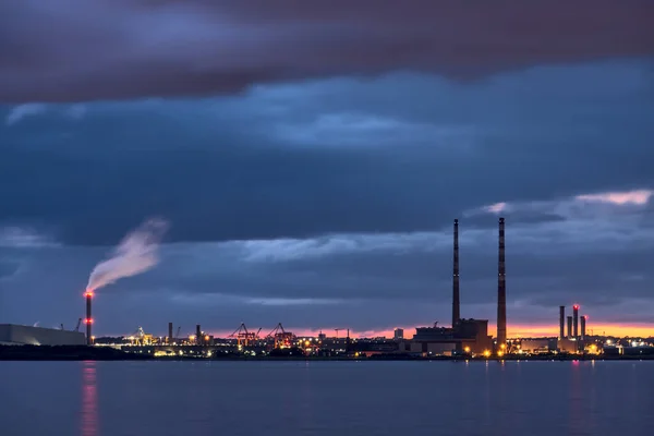 Dublin Waste to Energy (Covanta Plant), Poolbeg CCGT and Pigeon House Power Station view from Dun Laoghaire harbor during the blue hour, Dublin, Ireland