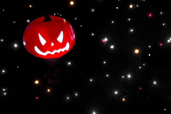 Scary Dark Orange Halloween Pumpkin Spider Mouth Lights Black Background — Stock Photo, Image