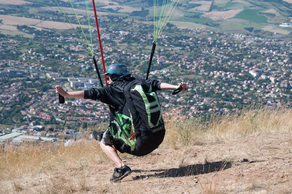 Paragliding departure from the spot of Millau, in Aveyron, Occitanie region, France.