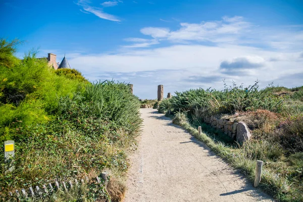 Fransa 'nın Brittany bölgesindeki Ctes-d' Armor 'daki Mean Ruz deniz feneriyle Ploumanac' h 'h' daki pembe granit sahil..