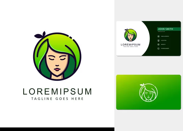 Gradient Groen Haar Bladeren Natuurlijke Vrouwen Cirkel Logo Ontwerp Inspiratie — Stockvector
