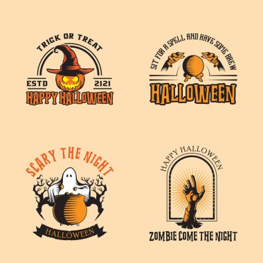 Cadılar Bayramı çıkartmalarının vektör koleksiyonu. Cadılar Bayramı, balkabağı, hayalet, kazan, zombi eli, küre.