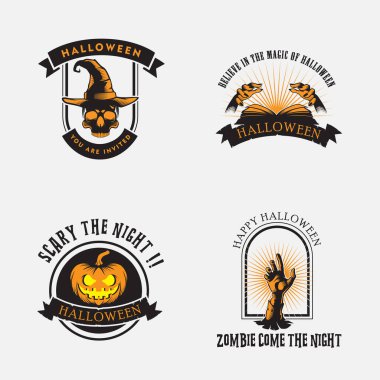 Cadılar Bayramı çıkartmalarının vektör koleksiyonu. sihirli şapka, balkabağı, eller, sihirli kitap, kafatası, zombi.