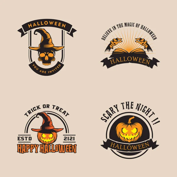 Colección Vectorial Pegatinas Halloween Sombrero Mágico Calabaza Manos Libro Mágico — Vector de stock