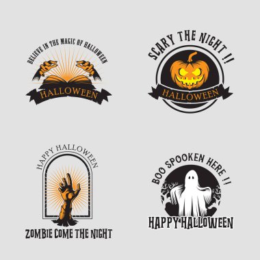 Cadılar Bayramı çıkartmalarının vektör koleksiyonu. Eller, sihirli kitap, balkabağı, zombi, hayalet.