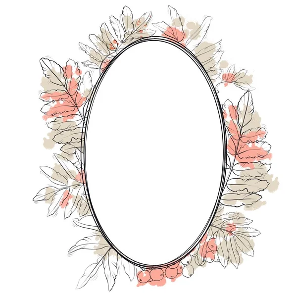 Round Graphic frame: autumn rowan leaves with abstract orange and beige stains on white background