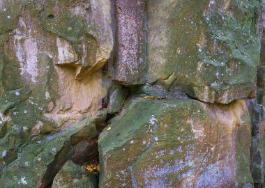 Arka plan olarak istiflenmiş taşlar. Bir kulenin parçası. İnce bir yeşil yosun ve yosun tabakası..