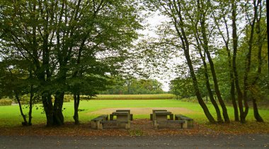 Güzel geometrik koltuklar. Kareler. Piknik alanı. Etrafı iki yaprak döken ağaç grubuyla çevrili. Sonbahar başlıyor. Konum: Nordhorn, Almanya 'daki Frenswegen Manastırı