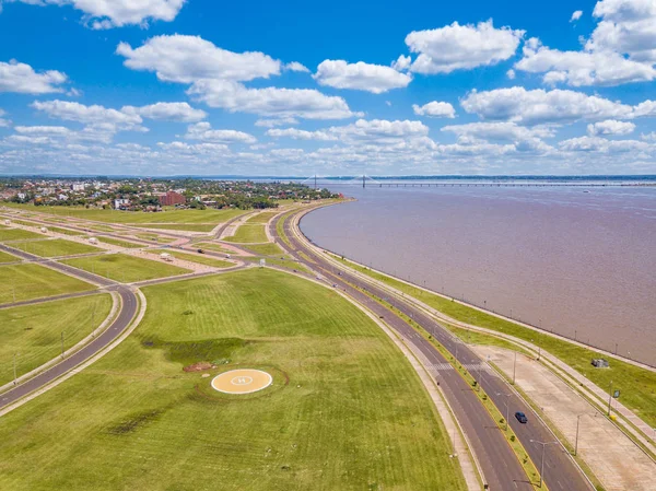 Aerial View Encarnacion Paraguay Overlooking Bridge Posadas Argentina — Stock Photo, Image