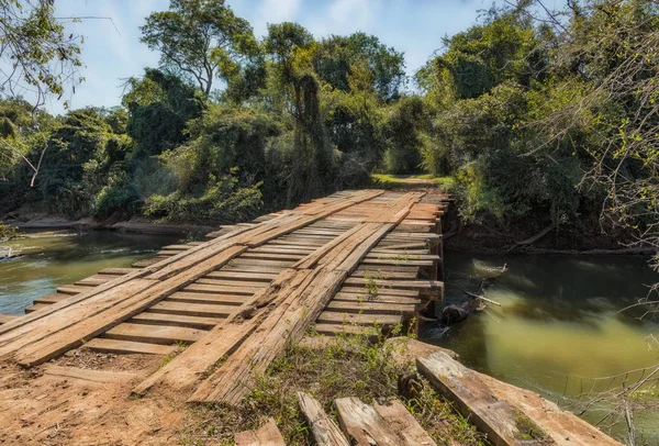 Old Unsafe Wooden Bridge Railing Wilderness Paraguay Used Cars Even — Stock Photo, Image