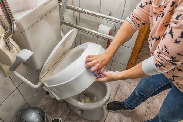 A woman is cleaning a toilet for handicapped people