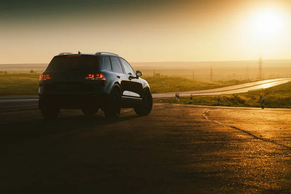 Saratov Russia June 2018 Black Car Volkswagen Touareg Parked Countryside — Stock Photo, Image