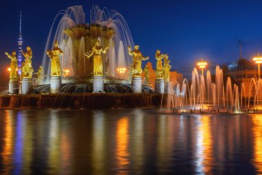 Çeşme VDKNh (Fuar) park geceleri. Moscow, Rusya Federasyonu