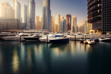 Dubai Yat Limanı Promenade, Birleşik Arap Emirlikleri için güzel manzara. Uzun pozlama time lapse etkisi gün batımında