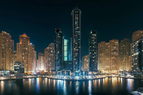 Beautiful View Dubai Marina Promenade Uae Long Exposure Effect Night — Stock Photo, Image