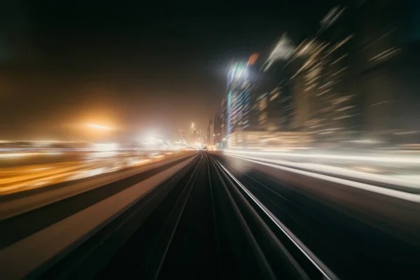 Vista Desde Primer Vagón Ferroviario Velocidad Movimiento Borroso Metro Fondo — Foto de Stock