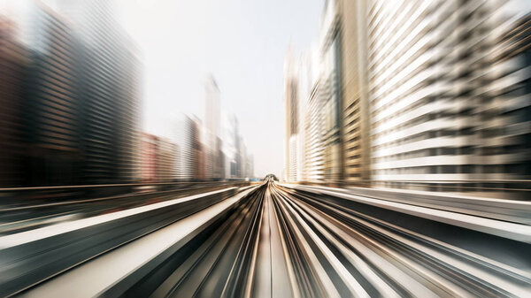 View from first railway carriage. Speed motion blur metro abstract background in the day