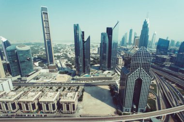 Dubai manzarası, şehir şehir merkezi yerler için hava üstten görünüm. Ünlü bakış açısı, Birleşik Arap Emirlikleri