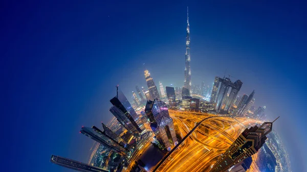 Horizonte Dubai Noite Efeito Planeta Pequeno Vista Panorâmica Aérea Superior — Fotografia de Stock