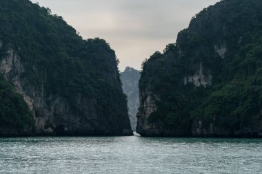 Ha Long Bay Vietnam. Ünlü seyahat doğa hedef. Yeşil dağların su. Halong Adaları manzaraya
