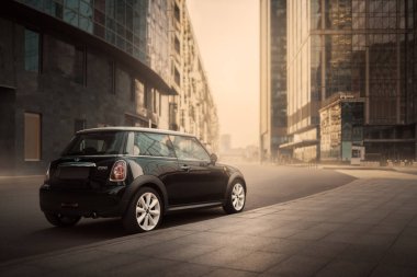 Mini Cooper araba International Business Center Moskova-city ofis binaları yakınında park edilmiştir