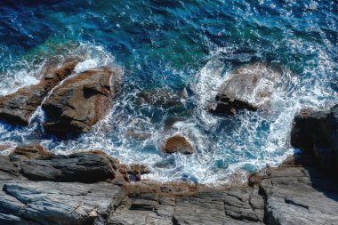 Okyanus deniz su dalgası mavi arka plan. Havadan görünüm