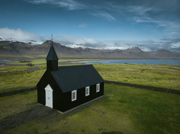 Igreja Negra Budakirkja Vista Aérea Drone Islândia Ocidental Península Snaefellsnes — Fotografia de Stock