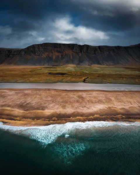 Plage Raudisandur Avec Sable Rouge Vue Aérienne Depuis Drone Les — Photo