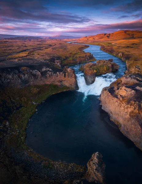Hjalparfoss Vízesés Dél Izlandon Naplementekor Légi Felvétel Drónról Gyönyörű Természet — Stock Fotó