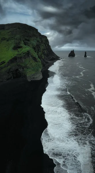 Αεροφωτογραφία Drone Του Φυσικού Τοπίου Reynisfjara Black Sand Beach Στη — Φωτογραφία Αρχείου