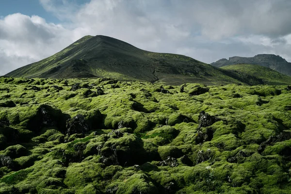 Island Naturlandschaft Vulkanisches Grünes Mooslavafeld Und Schwarzer Berg — Stockfoto