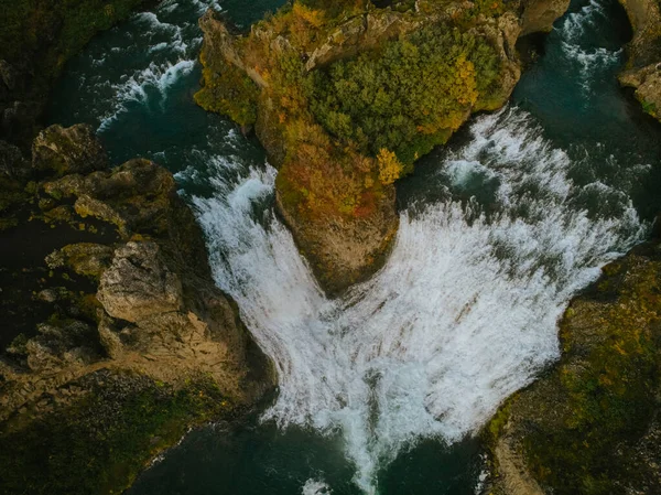 Hjalparfoss Waterfall South Iceland Sunset Aerial Top View Drone Beautiful — Stock Photo, Image