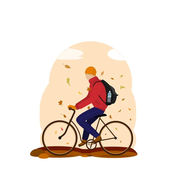 Młody Człowiek Jeździ Rowerze Pod Spadającym Liściem Ciepłe Ubrania Jesienią — Zdjęcie stockowe