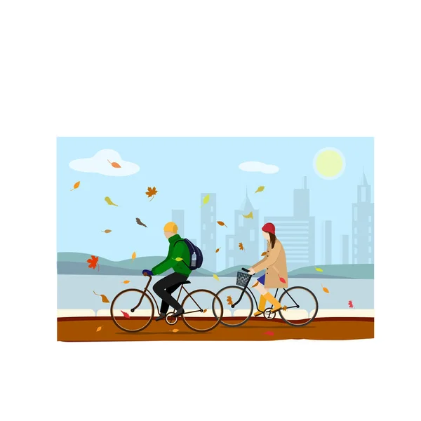 Mädchen Und Jungen Fahren Fahrräder Park Herbststadt Und Laubfall Herbstkleidung — Stockfoto
