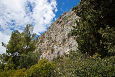 Hırvatistan 'ın Çam ağacı ormanlarındaki sığınağın yukarısındaki Ciovo adasının güney tarafında heybetli kaya oluşumları, sarp kayalıklar, kayalıklar