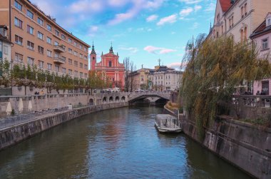 Ljubljana, Slovenya-11 Ekim 2018: Corona virüs salgınından önce insanların festivallerin ve açık pazarların keyfini çıkardıkları güzel, eski Ljubljana şehir sokakları