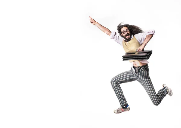 Potrait of a jumping nerd holding a briefcase — Stock Photo, Image